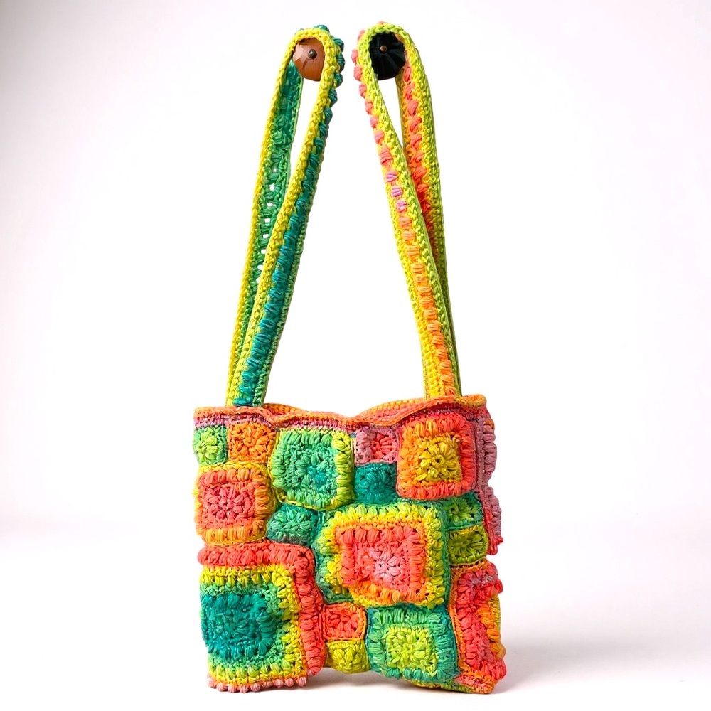 Handmade Crochet Patchwork Shoulder Tote Bag - Pastel Rainbow